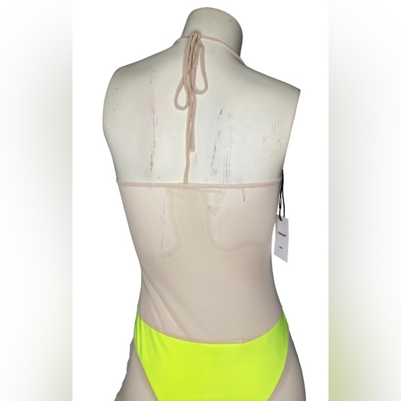 C.BRIDGETT Sexy Neon Yellow & Nude Sheer Mesh Color Block Halter Dress Cover Up - Picture 13 of 14